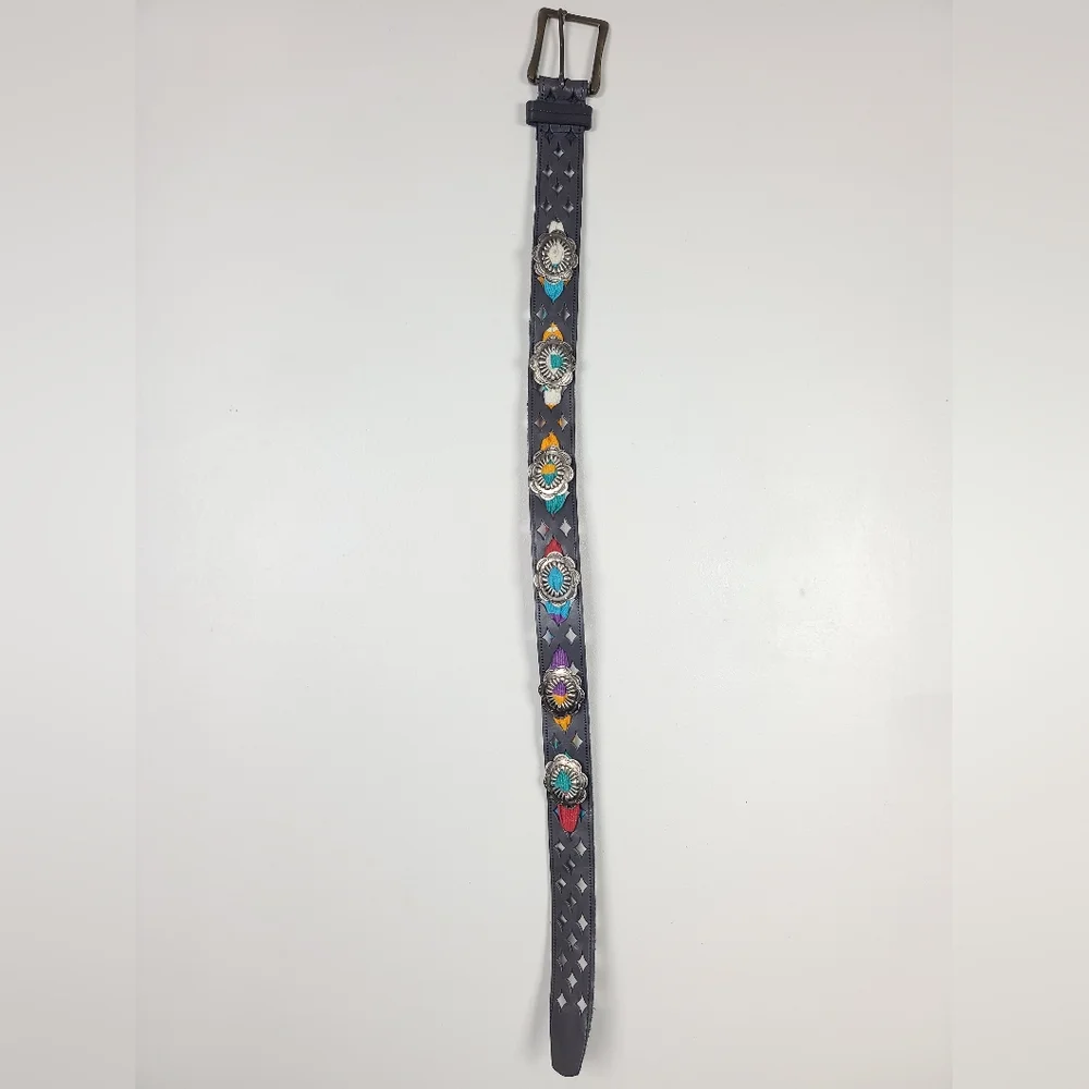 Vintage Charcoal Gray Western Leather Serape Silver-Tone Stamped  Concho Belt M - Picture 13 of 16